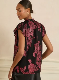 Blouses En Overhemden|Tops En T-Shirts*Love & Roses - - Metallic top met ronde hals Zwart bloemenprint