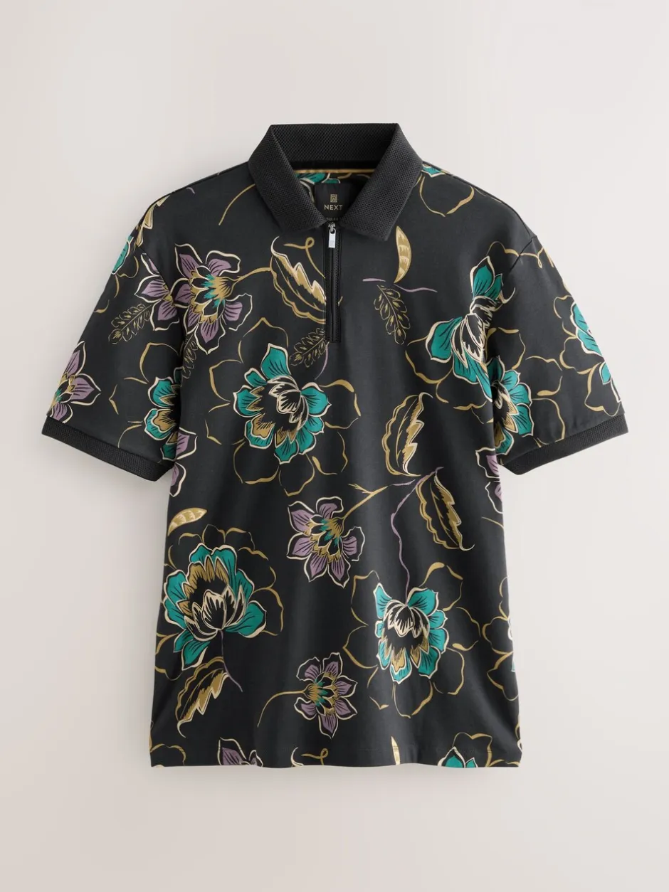 Poloshirts|Next Zwart bloemenprint - Poloshirt met korte mouwen en print