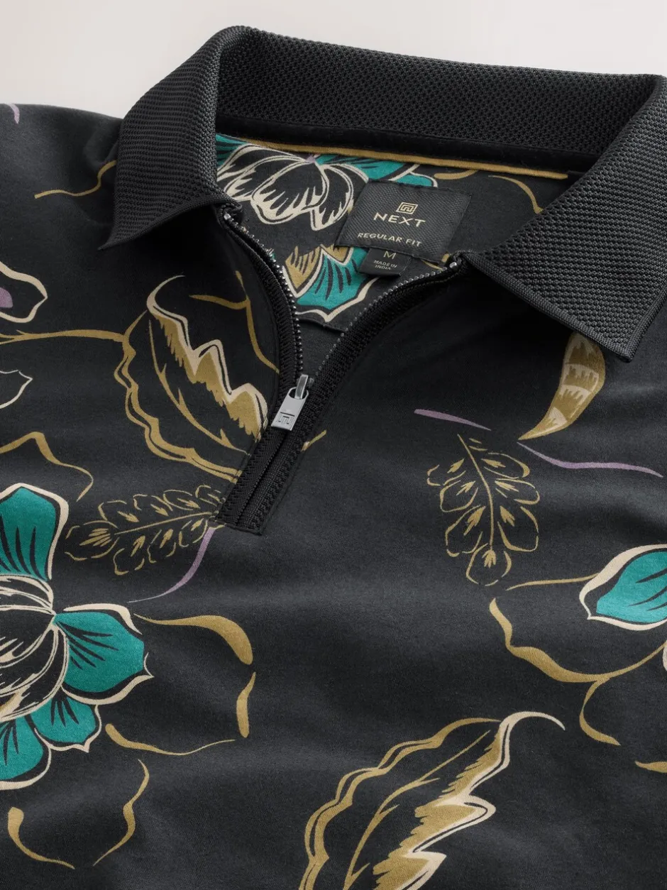 Poloshirts|Next Zwart bloemenprint - Poloshirt met korte mouwen en print