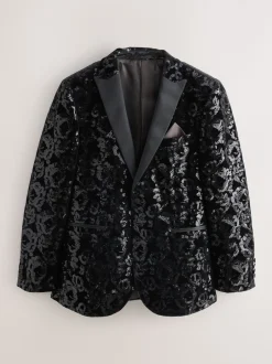 Smokings En Feestkleding*Next Zwart bloemenprint - Slim Fit - Fluwelen blazer met lovertjes