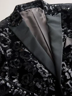 Smokings En Feestkleding*Next Zwart bloemenprint - Slim Fit - Fluwelen blazer met lovertjes
