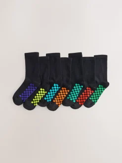 Sokken|Next Zwart dambordprint - Verpakking van 7 paar sokken met hoog aandeel katoen