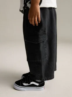 Jeans En Joggingbroeken|Jeans*Next - 100% katoenen cargobroek met wijde pijpen en elastische taille (3mnd-7jr) Zwart denim
