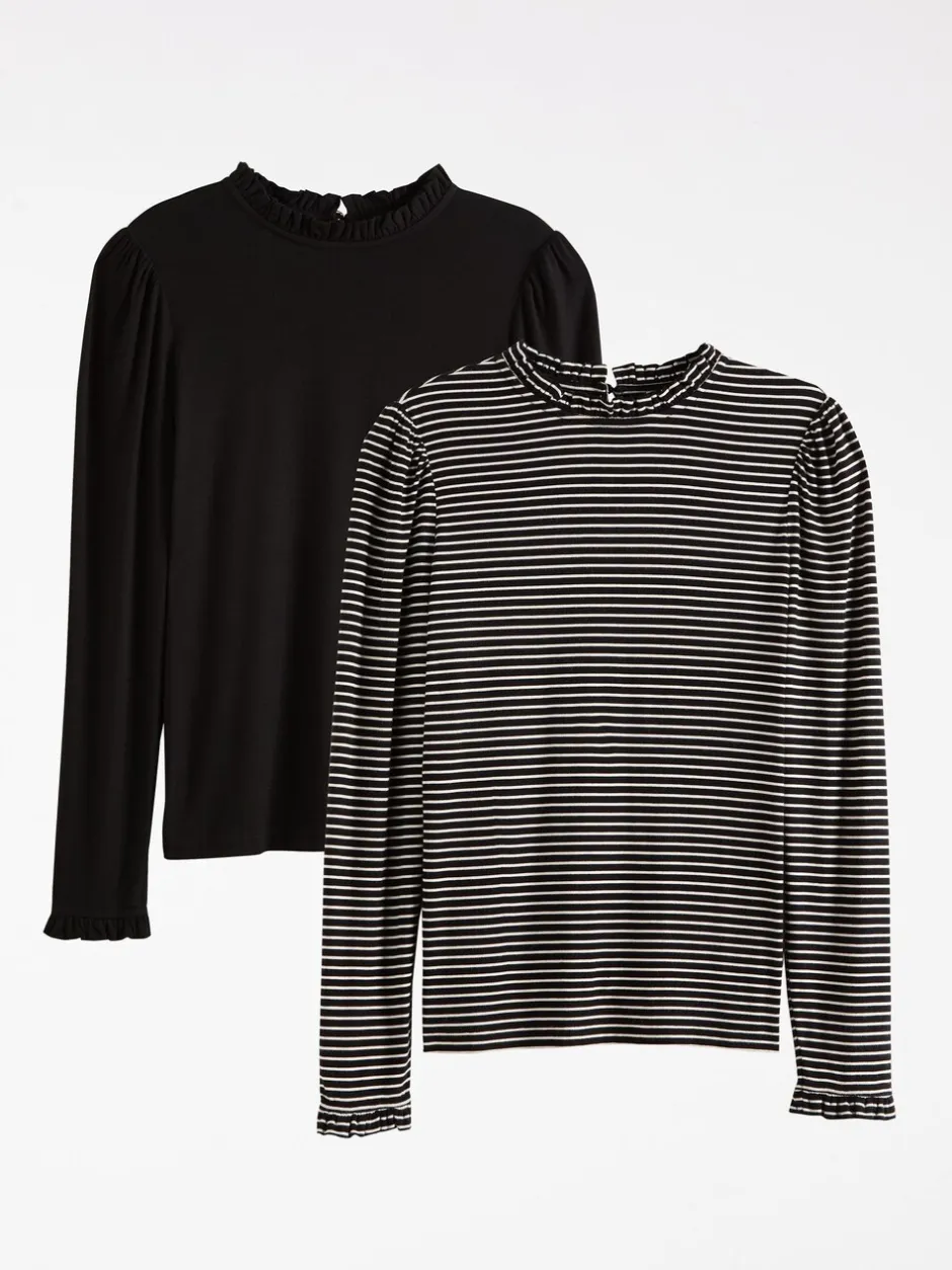 Blouses En Overhemden|Tops En T-Shirts|Love & Roses - jersey top met ruches aan de hals en lange mouwen Zwart en gestreept