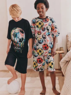 Pyjama's|Nachtkleding En Pyjama's|Next - Set van 2 pyjama's met short (3-16 jr) Zwart/ Felkleurige voetbal met meerdere kleuren