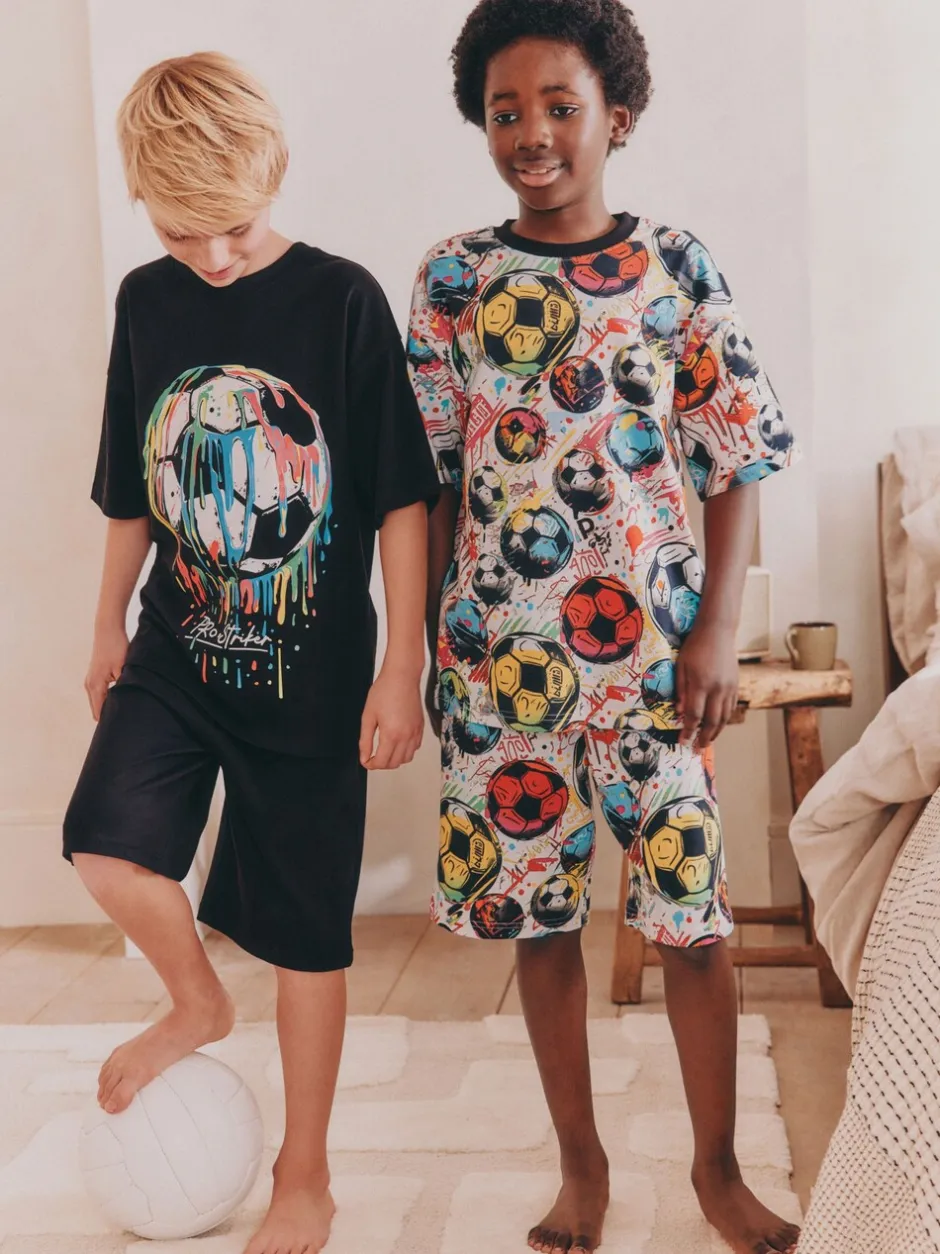 Pyjama's|Nachtkleding En Pyjama's|Next - Set van 2 pyjama's met short (3-16 jr) Zwart/ Felkleurige voetbal met meerdere kleuren