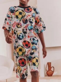Pyjama's|Nachtkleding En Pyjama's|Next - Set van 2 pyjama's met short (3-16 jr) Zwart/ Felkleurige voetbal met meerdere kleuren