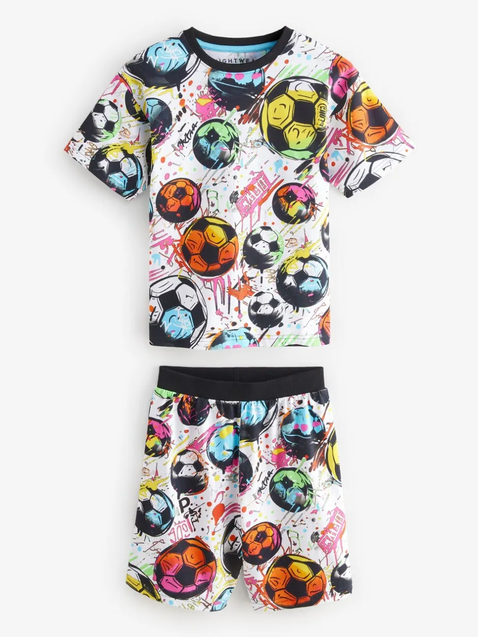 Pyjama's|Nachtkleding En Pyjama's|Next - Set van 2 pyjama's met short (3-16 jr) Zwart/ Felkleurige voetbal met meerdere kleuren
