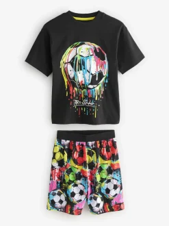 Pyjama's|Nachtkleding En Pyjama's|Next - Set van 2 pyjama's met short (3-16 jr) Zwart/ Felkleurige voetbal met meerdere kleuren