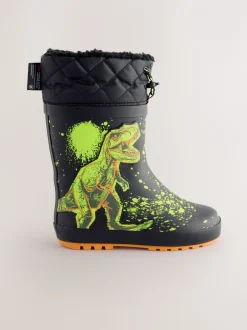 Laarzen|Next - Warme gevoerde regenlaarzen met rand Zwart met dinosaurus