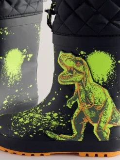 Laarzen|Next - Warme gevoerde regenlaarzen met rand Zwart met dinosaurus