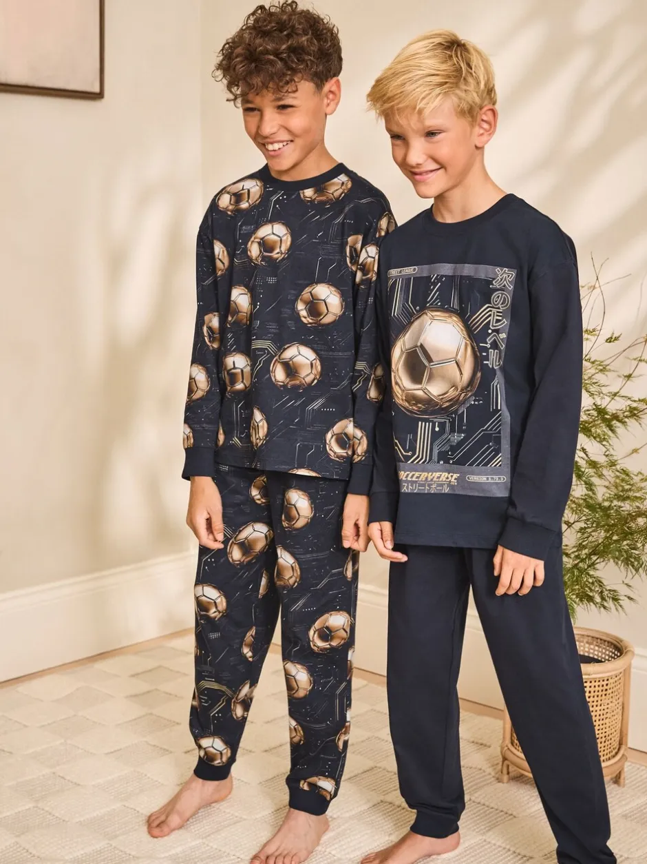 Pyjama's*Next Zwart met goudkleurige voetbal - Verpakking van 2 pyjama's met lange mouwen (3-16 jr)