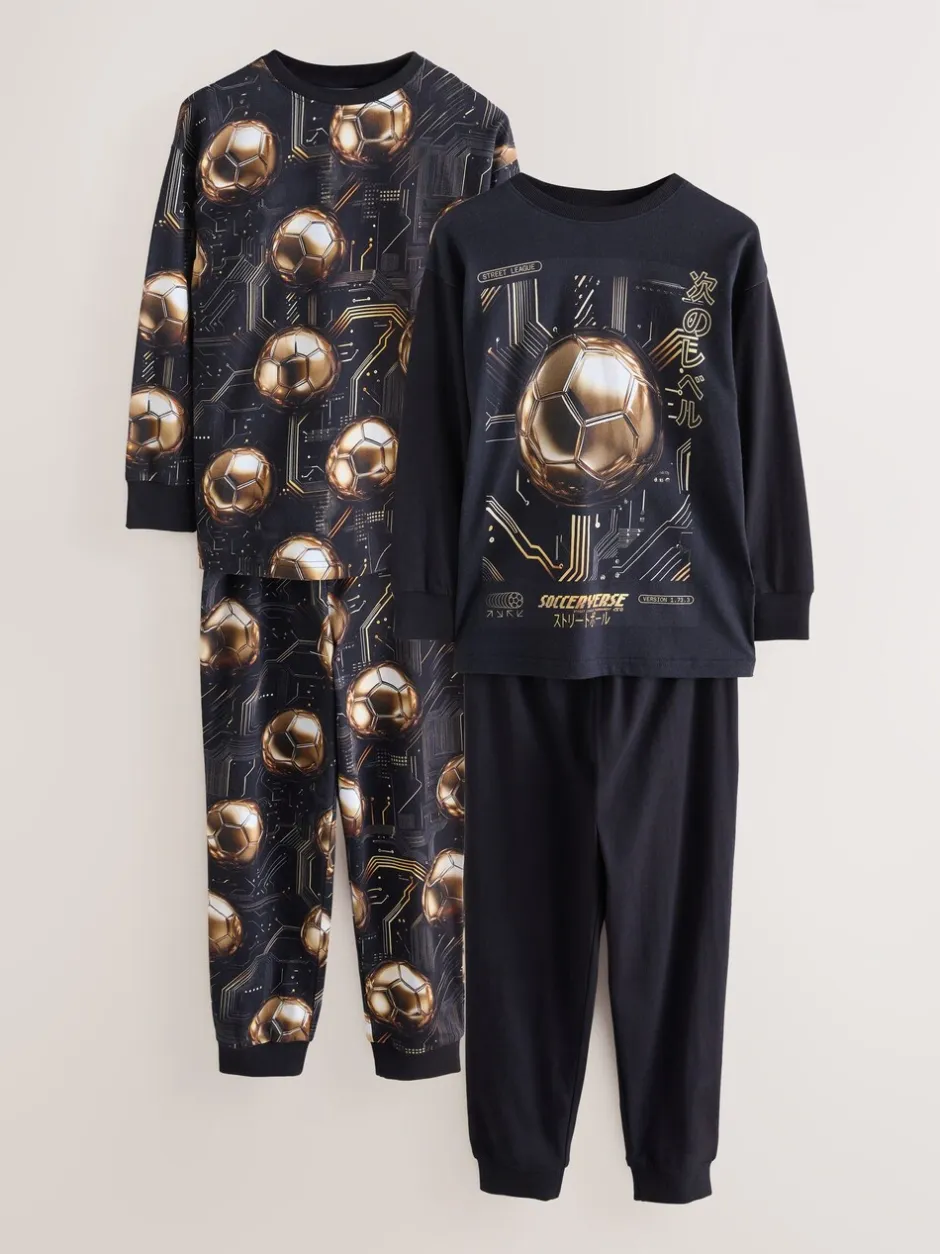 Pyjama's*Next Zwart met goudkleurige voetbal - Verpakking van 2 pyjama's met lange mouwen (3-16 jr)