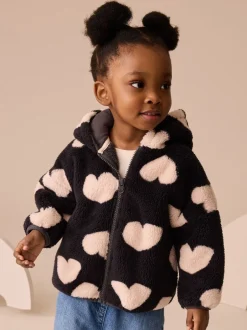 Truien En Breisels|Jassen, Jacks En Kinderwagenpakjes|Next - Fleece met ritssluiting (3mnd-7jr) Zwart met hartjesprint