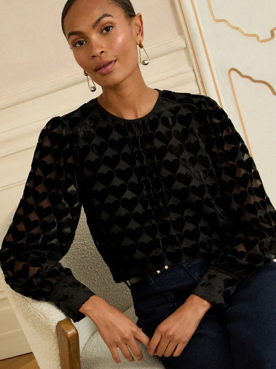 Gelegenheidskleding|Blouses En Overhemden*Love & Roses - Crew Neck Long Sleeve Burnout Blouse Zwart met hartjesprint