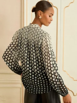 Blouses En Overhemden|Love & Roses Zwart met hartjesprint - blouse met lange mouwen en striksluiting