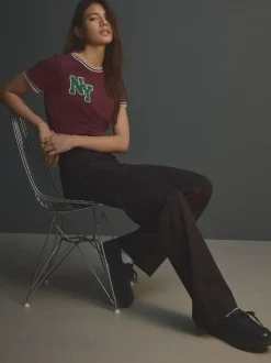 Kostuums En Werkkleding|Broeken*Next - Smoothing Ponte Jersey Broek met Wijde Pijpen Zwart met krijtstreep