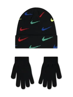 Mutsen, Handschoenen En Sjaals*Nike - Swoosh Repeat Beanie and Glove Set Zwart met meerkleurig