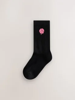 Sokken*Next - Sport Rib Socks 5 Pack Zwart met smiley