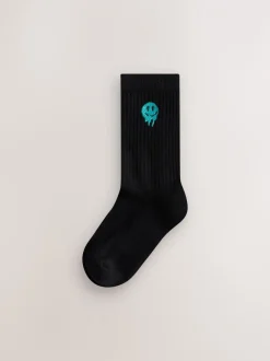 Sokken*Next - Sport Rib Socks 5 Pack Zwart met smiley