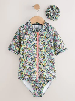 Badkleding*Next - Sunsafe Rash Vest Bikini And Scrunchie Swim Set (3-16yrs) Zwart met vrolijke bloemenprint
