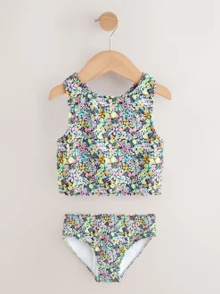 Badkleding*Next - Sunsafe Rash Vest Bikini And Scrunchie Swim Set (3-16yrs) Zwart met vrolijke bloemenprint