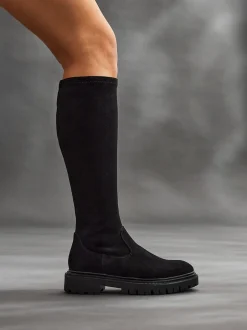 Boots|Linzi - Hallie hoge stretchy laarzen Zwart suède