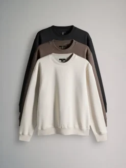 Loungewear|Sweaters En Hoody´S|The Set - Verpakking van 3 - Crew Neck Relaxed Fit Sweatshirts Zwart/bruin