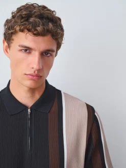 Poloshirts|T-Shirts En Hemden|Next Zwart/bruin - Verticaal gestreepte polo met korte rits