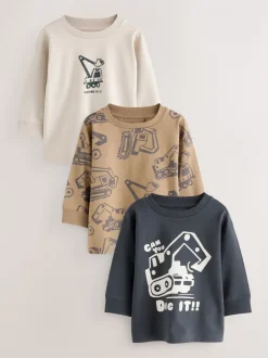 Tops|T-Shirts*Next Zwart/bruin met graafmachine - Set van 3 T-shirts met grafische print en lange mouwen (3mnd-7jr)