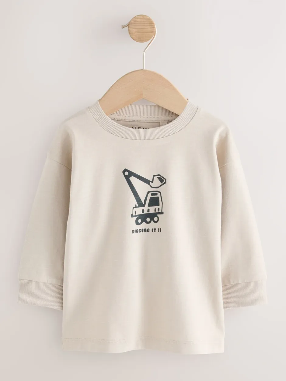 Tops|T-Shirts*Next Zwart/bruin met graafmachine - Set van 3 T-shirts met grafische print en lange mouwen (3mnd-7jr)
