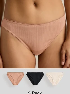 Onderbroeken|Next - Verpakking van 3 geribbelde katoenen slips Zwart/caramel Huidskleur/praline Huidskleur