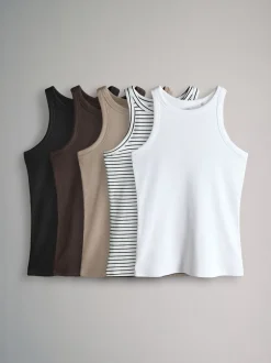 Sportkleding|The Set - 5 Pack Racer Ribbed Vests Zwart/chocoladebruin/taupebruin/streep/wit