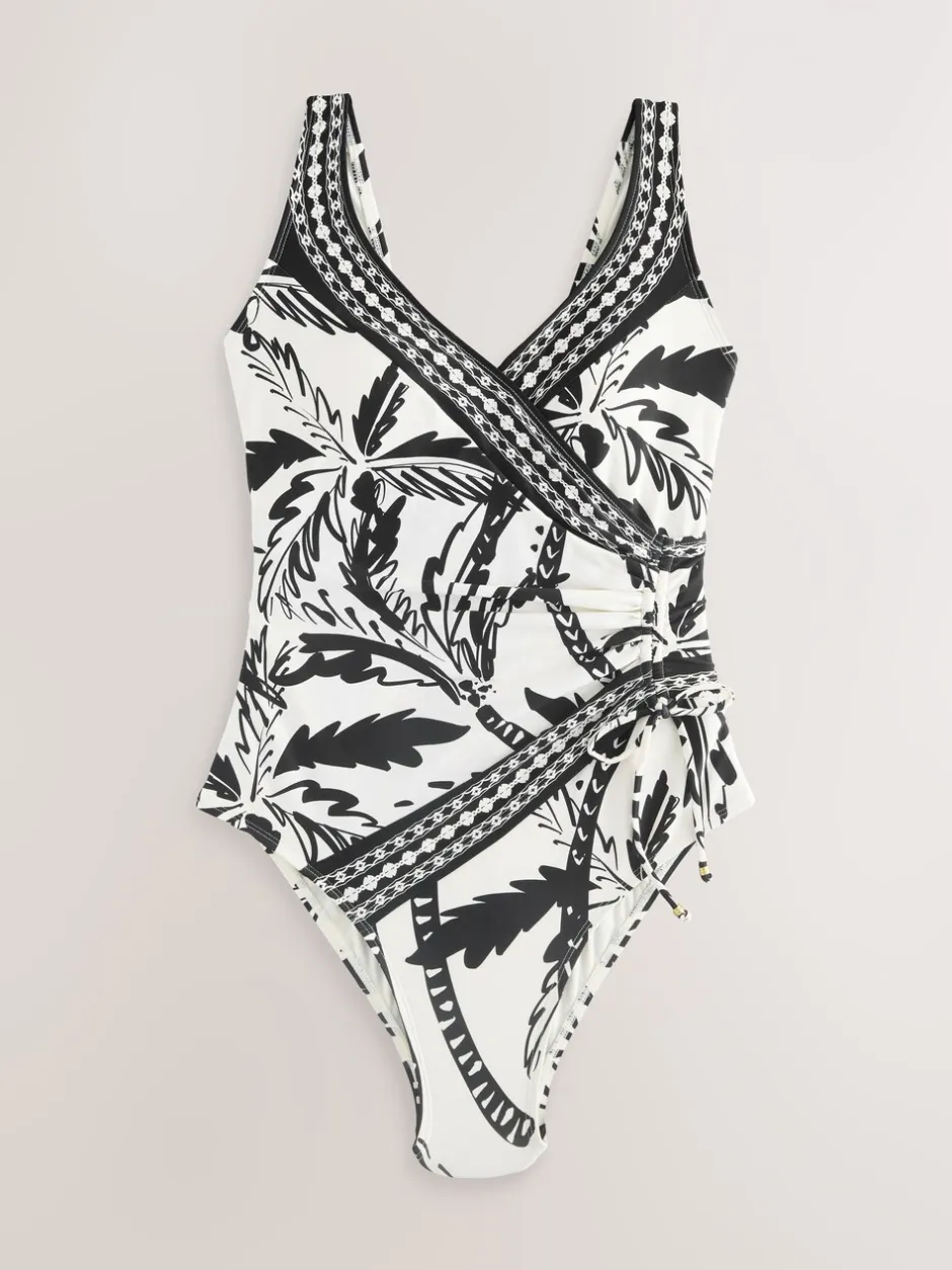 Badkleding*Next Zwart/Crème Palm - Badpak met vormgevende zijrimpeling en buikcorrectie