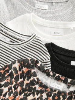 Tops|T-Shirts*Next - Verpakking van 5 geribbelde tops met lange mouwen (3-16jr) Zwart/dierenprint/wit/gestreept