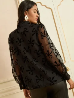 Blouses En Overhemden|Love & Roses Zwarte Fluwelen Strik - blouse met lange mouwen en striksluiting