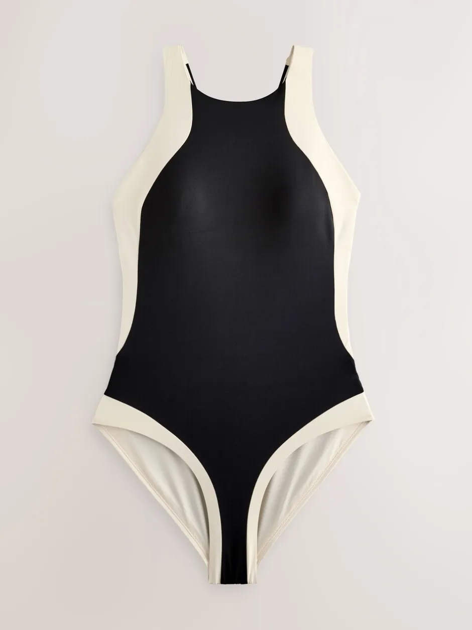 Badkleding*Next - Hoogsluitende halterbadpak met buikcorrectie Zwart/ecru