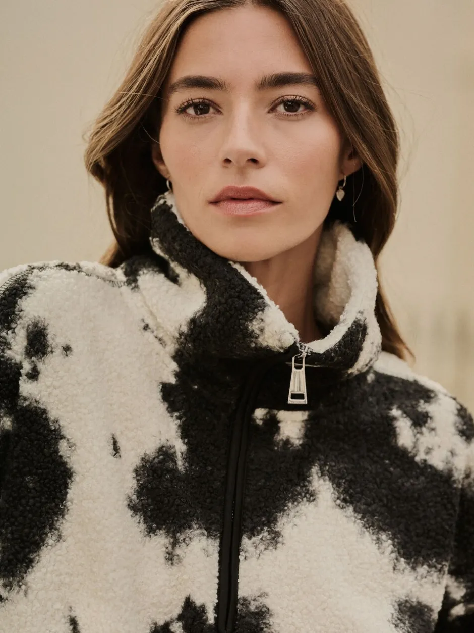 Hoody's En Sweatshirts|Next Zwart/ecru koeienprint - Soft Touch Knusse Teddy Borg Kwartrondrits Fleece