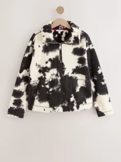 Hoody's En Sweatshirts|Next Zwart/ecru koeienprint - Soft Touch Knusse Teddy Borg Kwartrondrits Fleece
