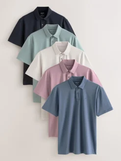 Poloshirts|Next Zwart/Ecru/Blauw/Groen/Roze - Normale Pasvorm - Set van 5 jersey poloshirts met korte mouwen