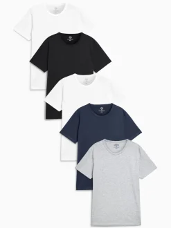 Ondergoed|Ondergoed|Next Zwart/gemêleerd grijs/wit/marineblauwe - Slim Fit - Set van 5 100% katoenen T-shirts met laagjes