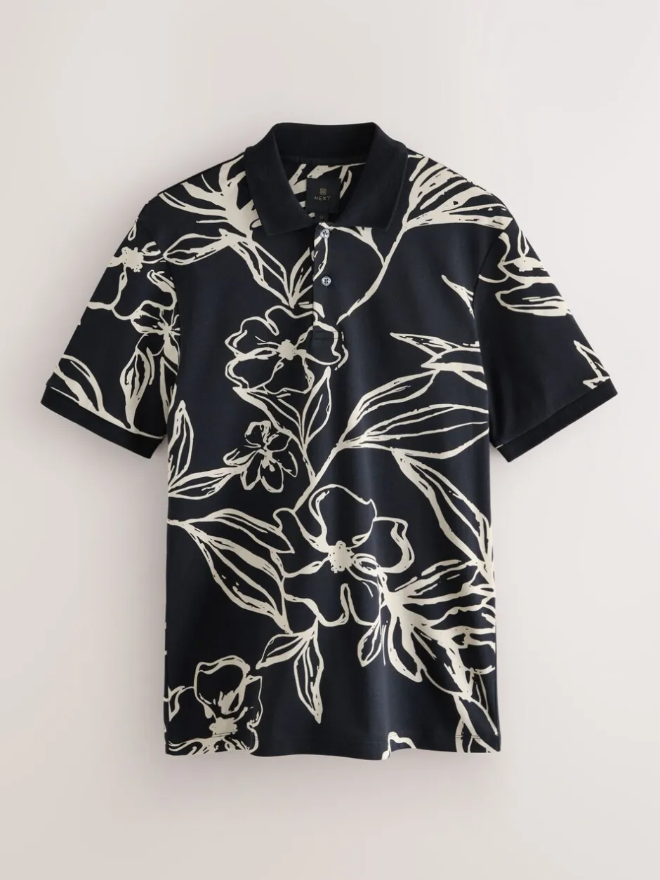 Poloshirts|Next Zwartgoud met bloemenprint - Poloshirt met korte mouwen en print