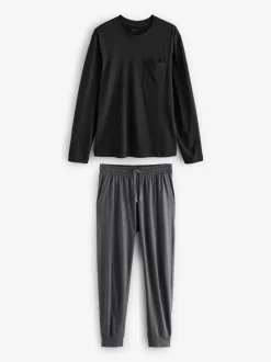 Pyjama's*Next Zwart/grijs - Long Sleeve Cuffed 100% Cotton Pyjamas