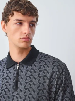 Poloshirts*Next - Pattern Quarter Zip Polo Shirt Zwart/grijs Geo