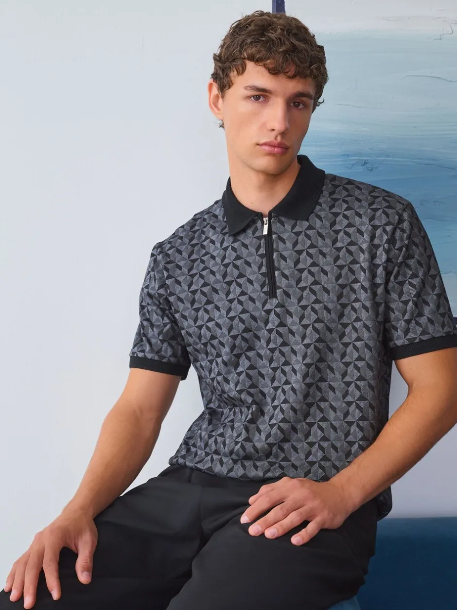 Poloshirts*Next - Pattern Quarter Zip Polo Shirt Zwart/grijs Geo