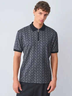 Poloshirts*Next - Pattern Quarter Zip Polo Shirt Zwart/grijs Geo