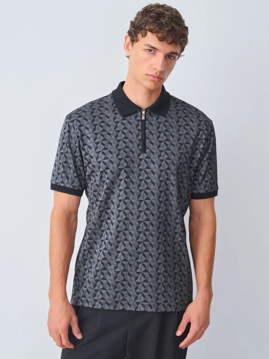 Poloshirts*Next - Pattern Quarter Zip Polo Shirt Zwart/grijs Geo