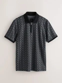 Poloshirts*Next - Pattern Quarter Zip Polo Shirt Zwart/grijs Geo