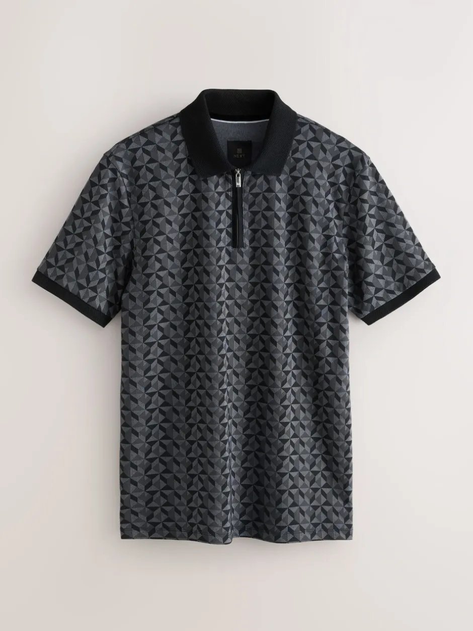Poloshirts*Next - Pattern Quarter Zip Polo Shirt Zwart/grijs Geo