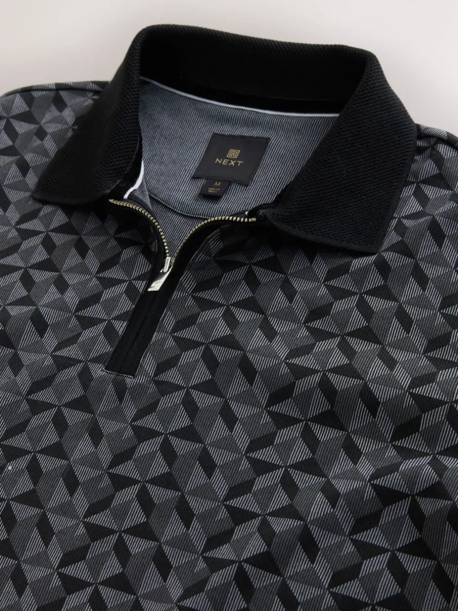 Poloshirts*Next - Pattern Quarter Zip Polo Shirt Zwart/grijs Geo